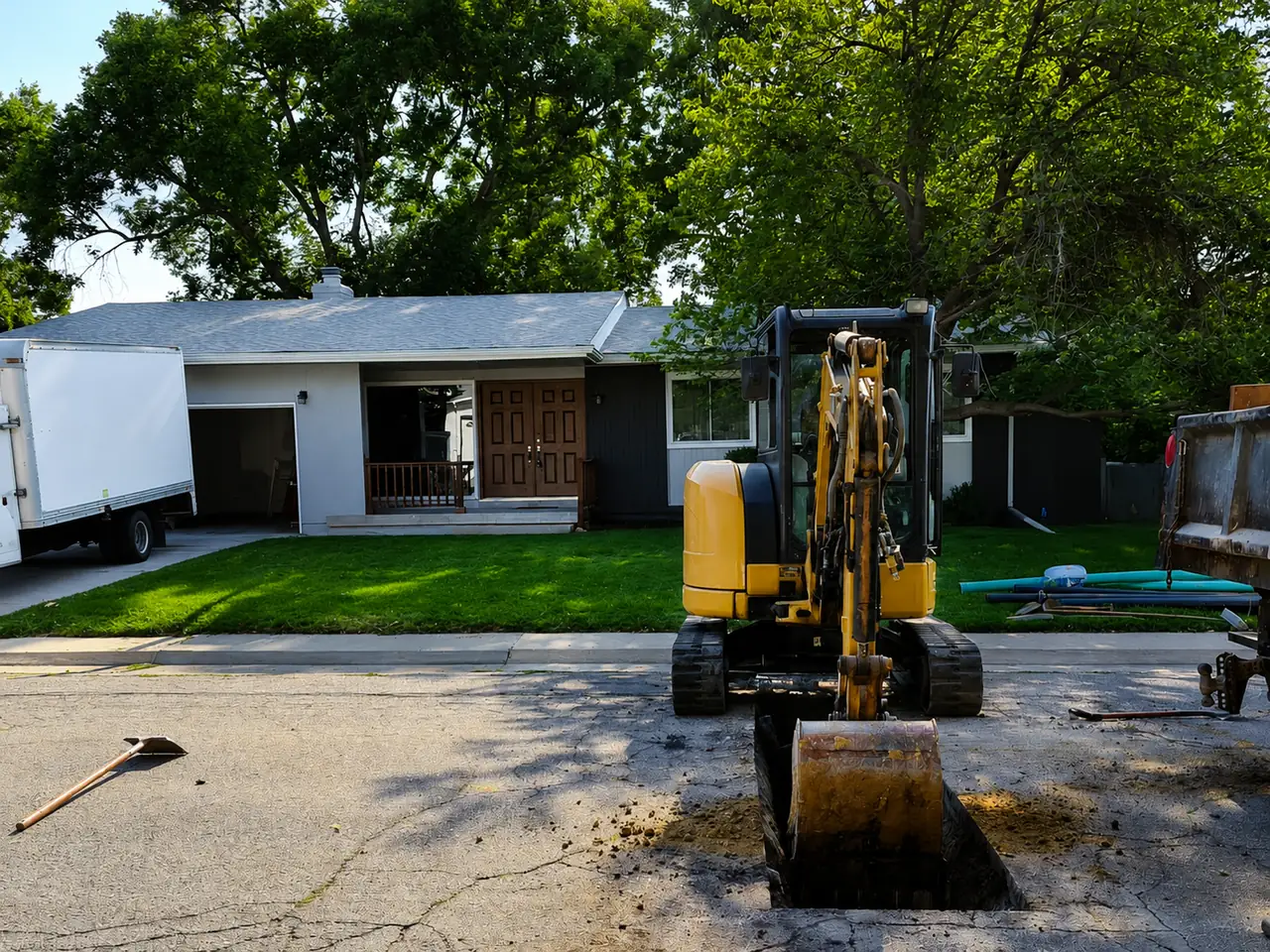 Excavator working a street cut